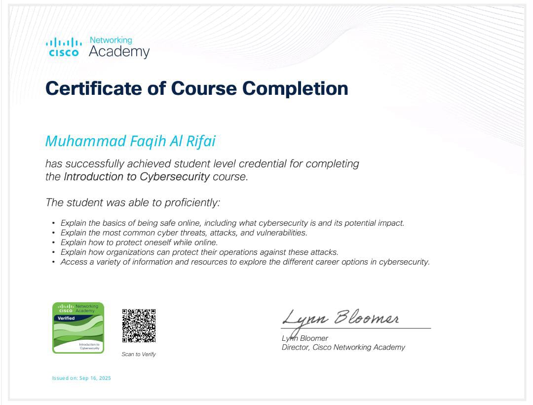 Sertifikat Introduction to Cybersecurity