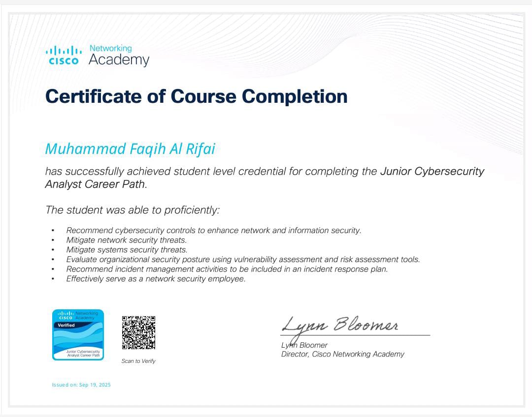 Sertifikat Junior Cybersecurity Analyst Career Path