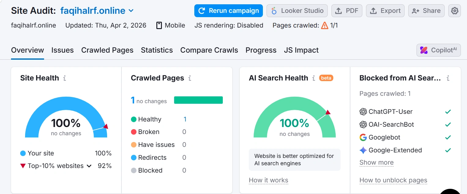 Site Audit Semrush 100% Health